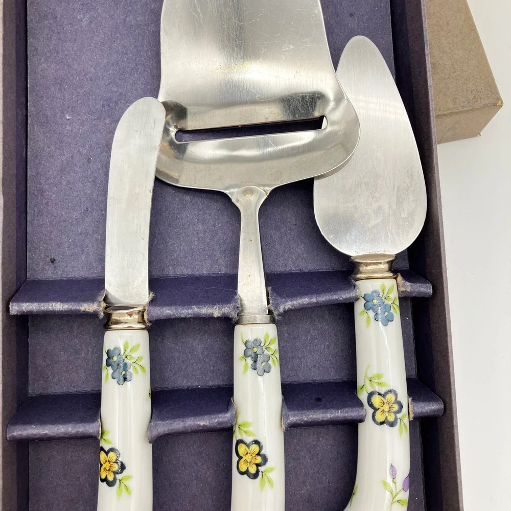 House of Prill Cheese Server Set 3-Pc Vintage Floral Porcelain Handles White